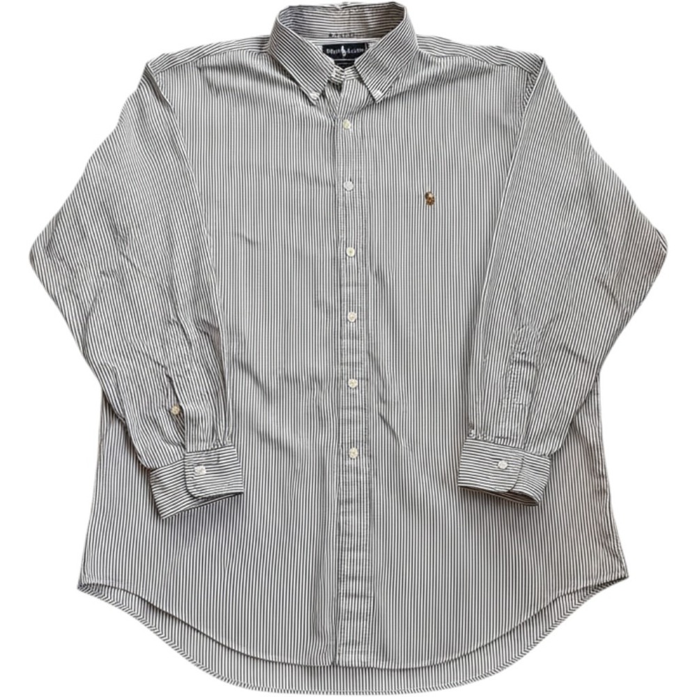 Ralph Lauren Yarmouth Mens 17 34 Pinstripe Button Down Shirt Navy Blue White